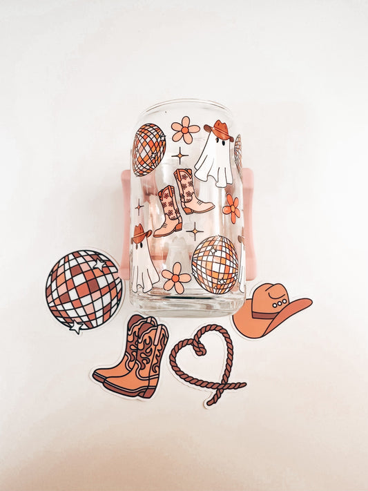 Cowgirl glass cup, disco ball cup, cowgirl ghost cup, cowgirl boots glass cup with bamboo lid, spooky glass cup