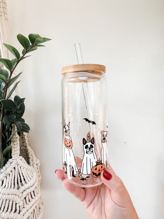 Ghost Dog Cup, Dog Lover Cup, Pumpkin Cup, Bats Cup, Halloween Cup with Lid/Glass Straw, 16oz Halloween Cup, Fall Glass Cup, Dog Costume Cup