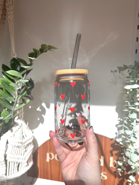 Little red hearts cup, coffee drinker cup, little red hearts glass cup with bamboo lid, resizable glass coffee cup, cold brew cup