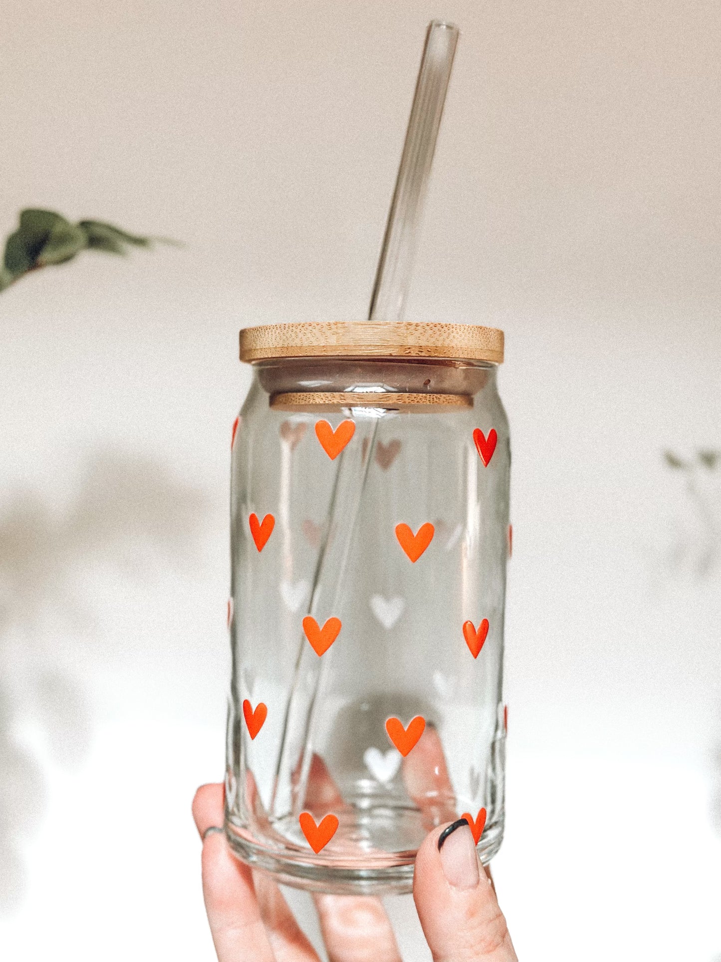 Little red hearts cup, coffee drinker cup, little red hearts glass cup with bamboo lid, resizable glass coffee cup, cold brew cup