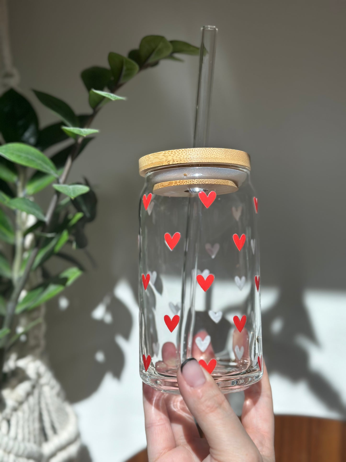 Little red hearts cup, coffee drinker cup, little red hearts glass cup with bamboo lid, resizable glass coffee cup, cold brew cup