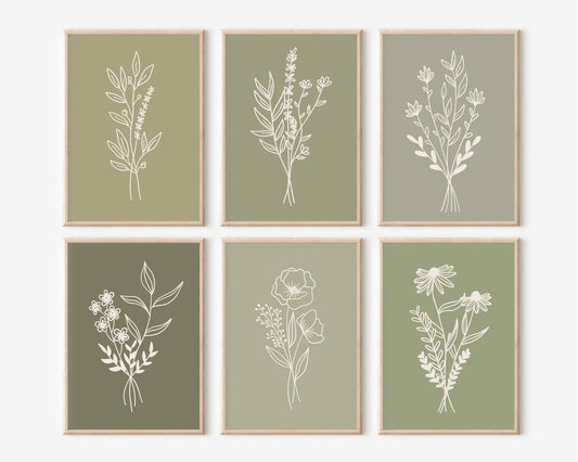 Sage Green Flowers Print Set