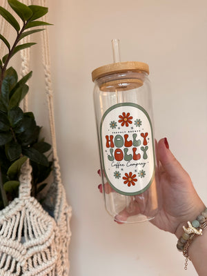 Just A Holly Jolly Mess- Christmas Glass Tumbler With Bamboo Lid