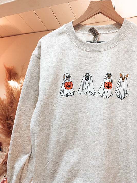 Dog Ghost Crewneck, Dog Halloween Crew, Fall Vibes Apparel, Halloween Crew, Dog Lover Fall Crew, Trick or Treating Dogs Crew