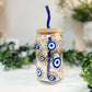 Evil Eye Glass Cup, Blue Evil Eye Cup, Glass Cup with Bamboo Lid and Glass Straw, Iced Latte Glass Cup, Reusable Glass Cup, Eye Glass Cup
