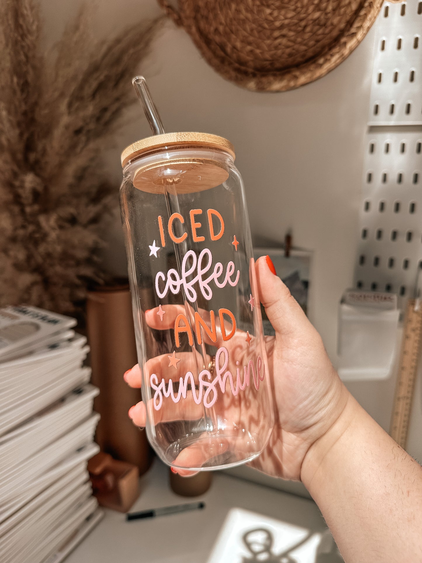 Iced Coffee and Sunshine Cup, Iced Coffee Glass Cup, Cute Aesthetic Glass  Cups, Coffee Lover Gifts, 16 oz Coffee Cup, 20 oz Coffee Cup