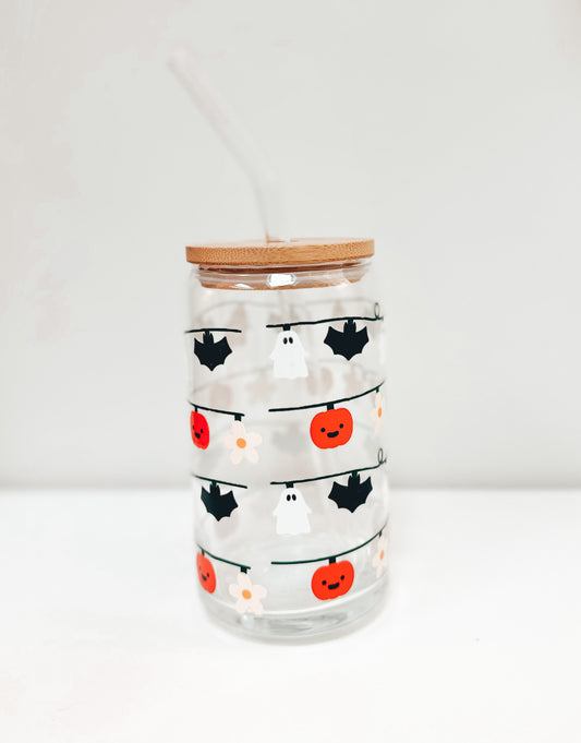 Ice Coffee Cup With Bamboo Lids And Glass Straw, Ghost Pumpkin Bat